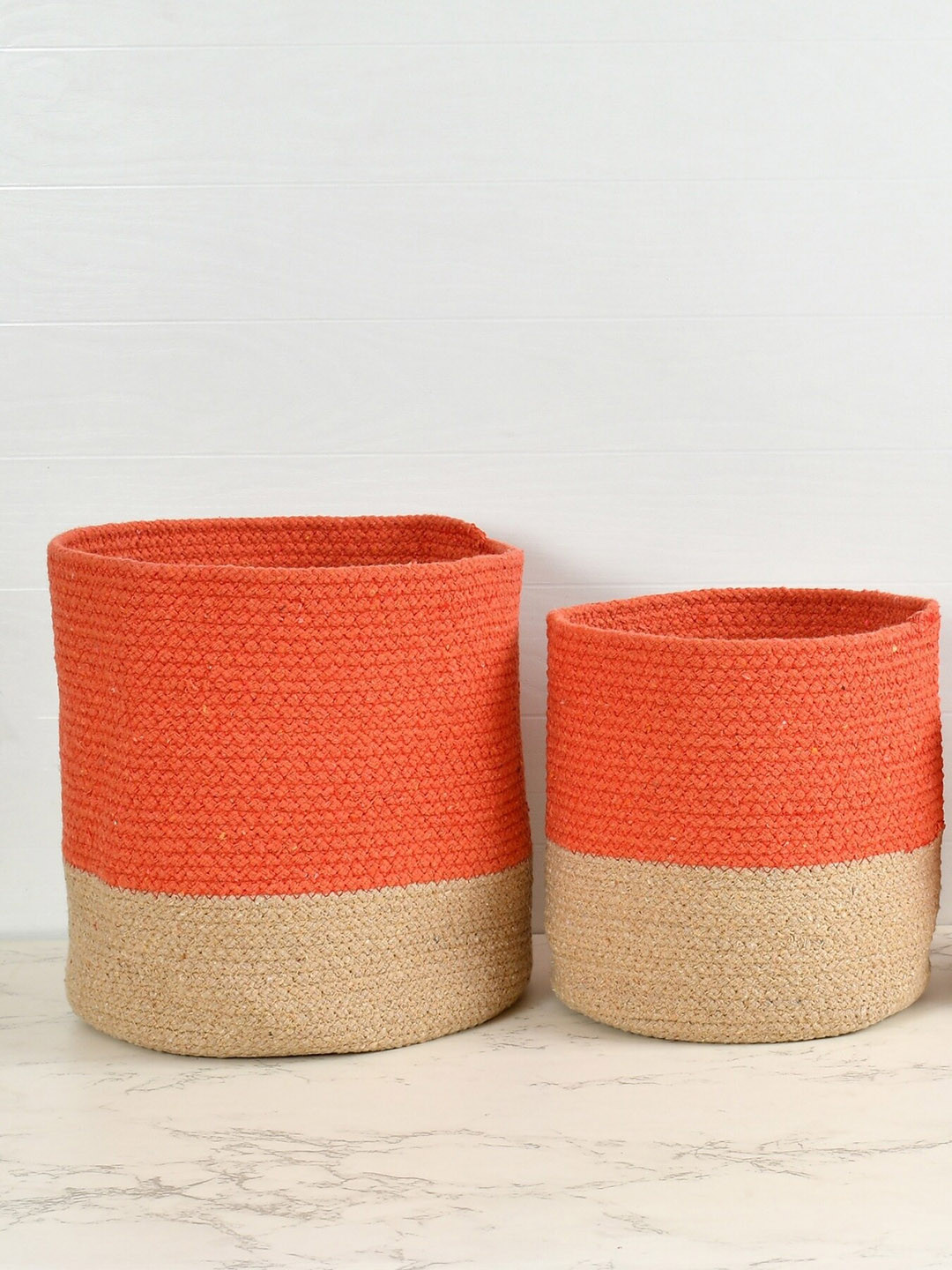 Homefab India Orange-Colored & Brown 2 Pieces Woven Cotton Eco Friendly Planters Baskets