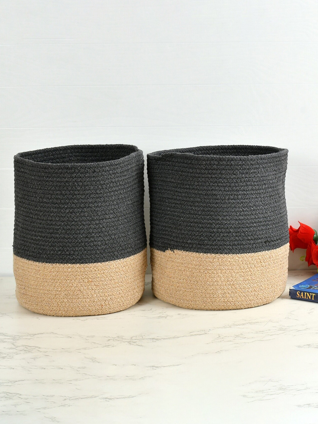Homefab India Dark Grey & Brown 2 Pieces Woven Jute & Cotton Eco Friendly Planters Baskets