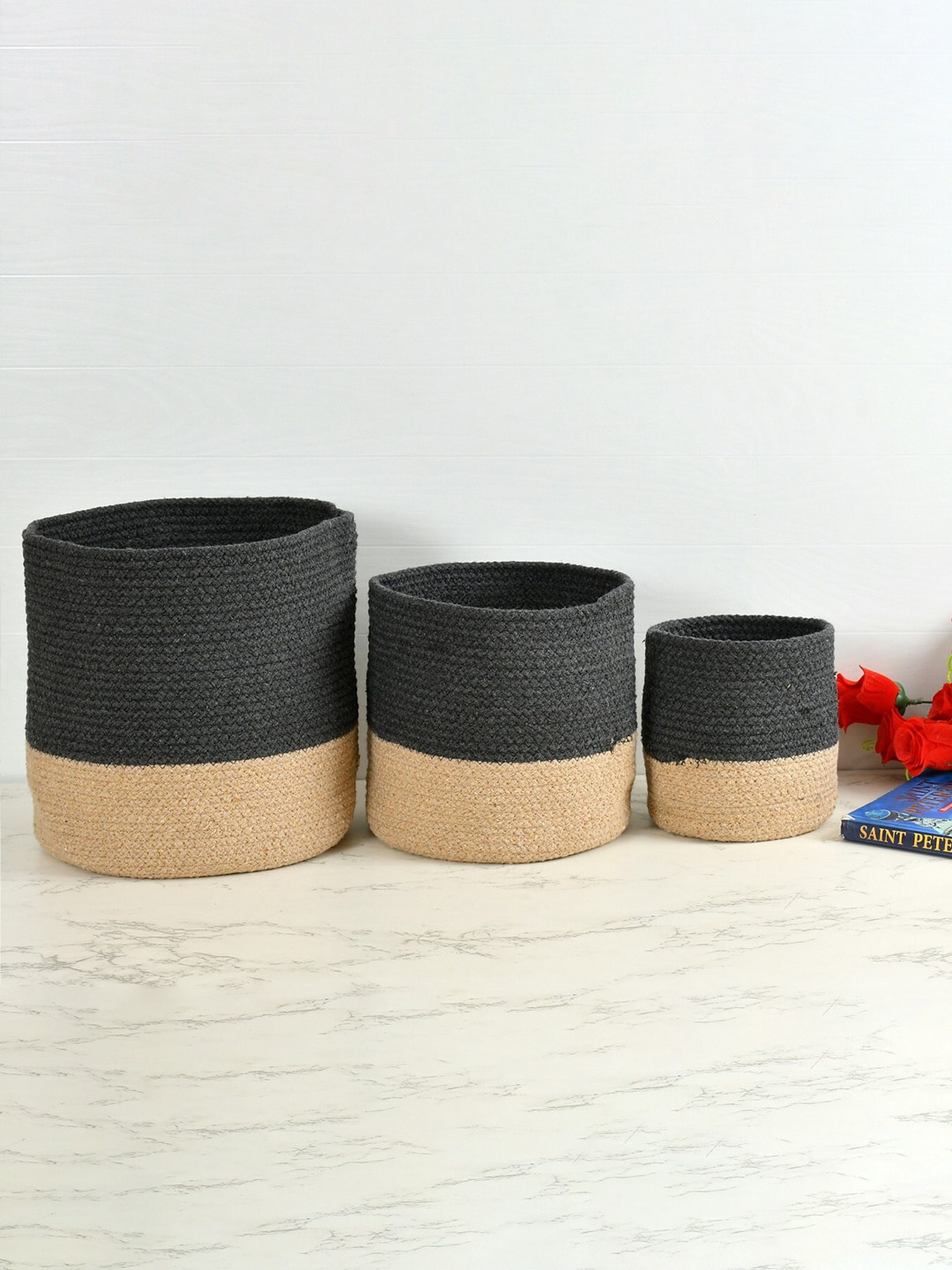 Homefab India Dark Grey & Brown 3 Pieces Braided Woven Cotton Planter Baskets