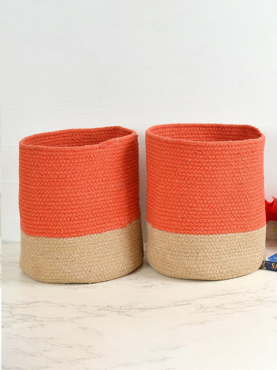 Homefab India Orange-Colored & Brown 2 Pieces Braided Woven Cotton Planter Baskets