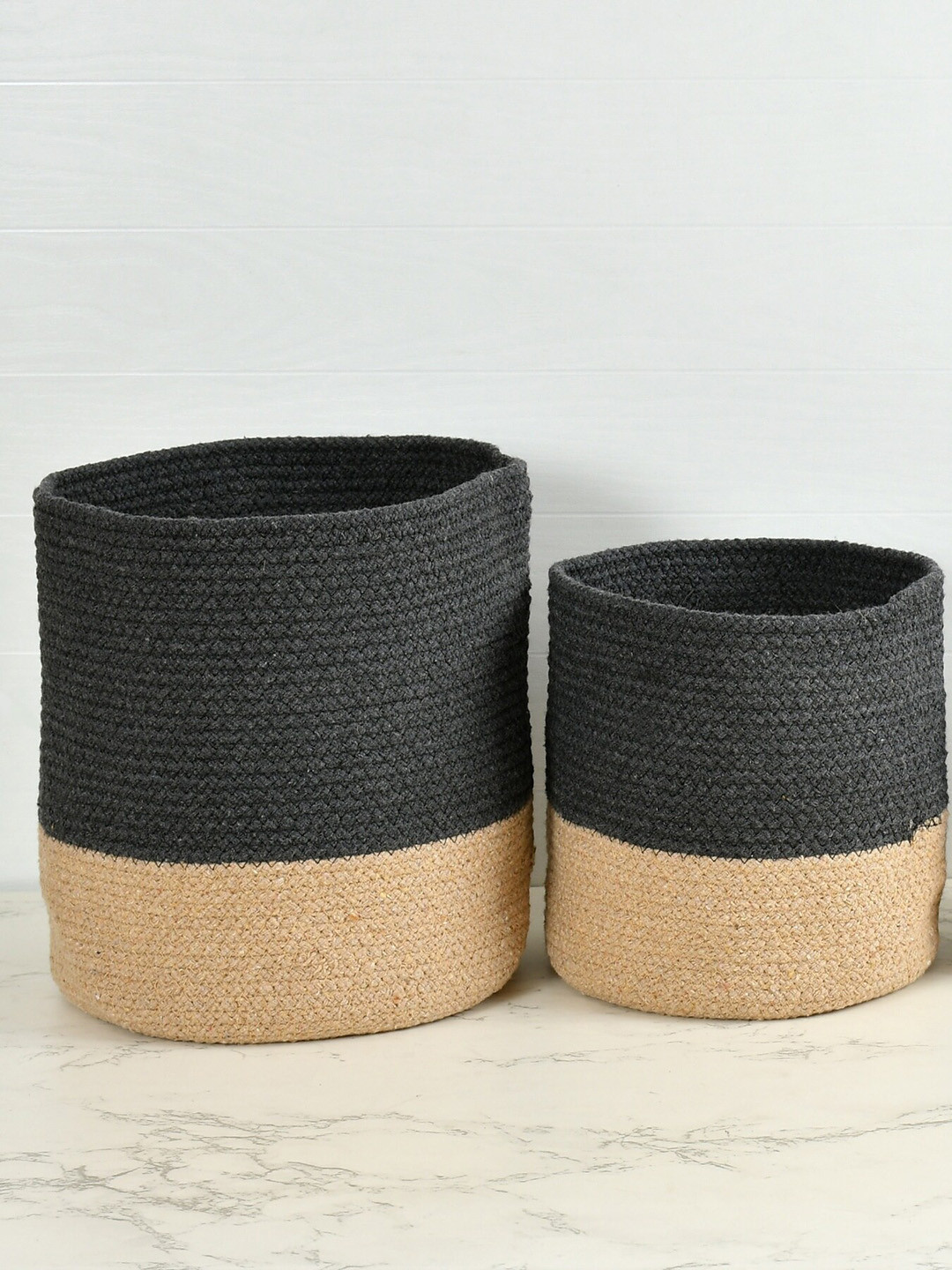 Homefab India Dark-Grey & Beige 2 Pieces Braided Woven Cotton Planters
