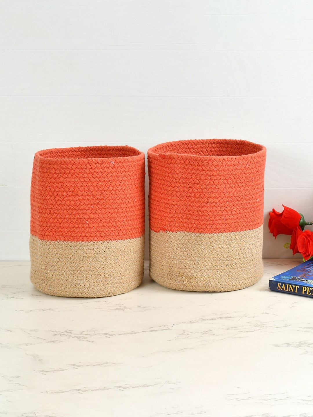 Homefab India Orange-Colored & Brown 2 Pieces Woven Cotton & Jute Planters Baskets