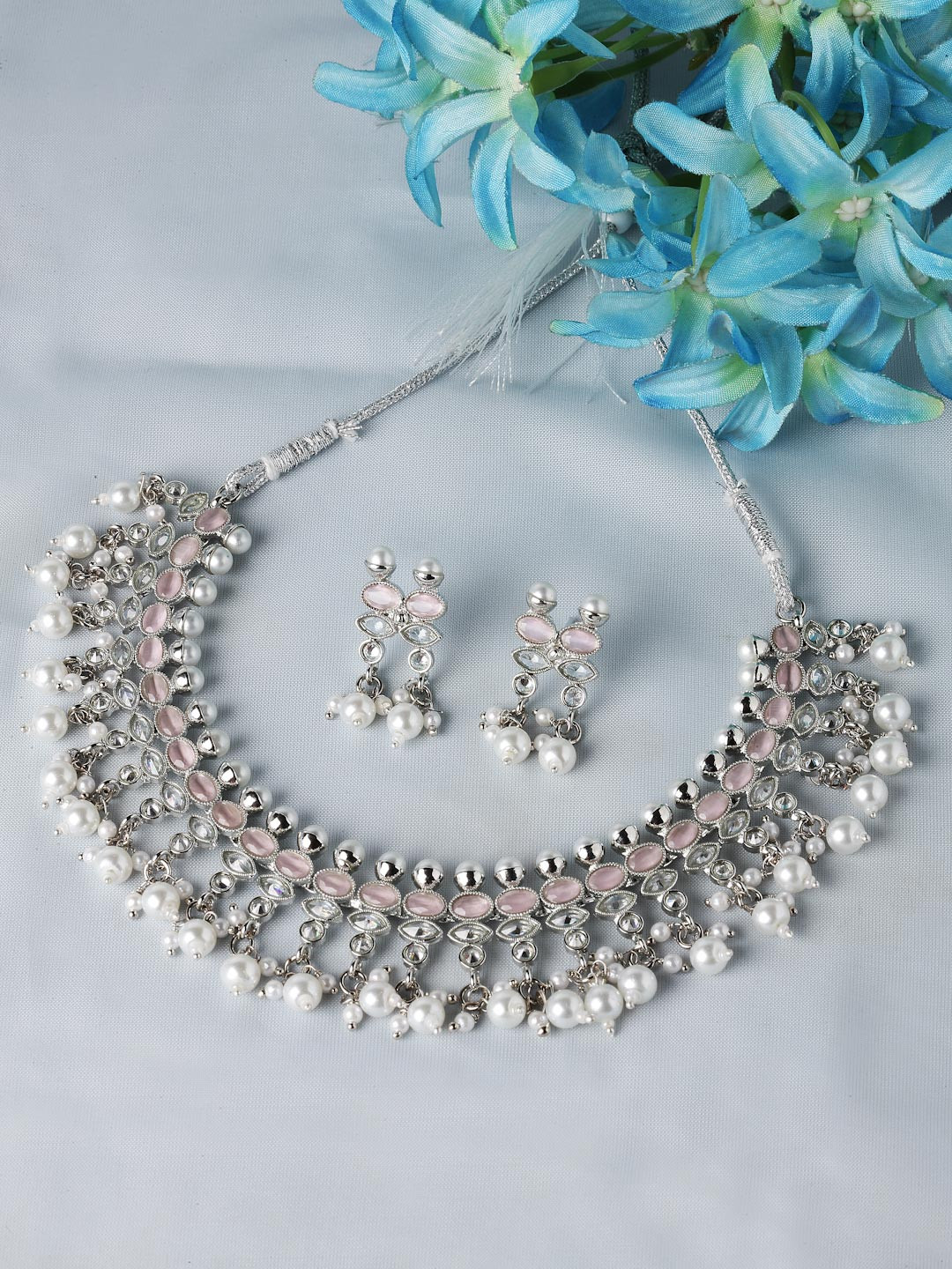 ZENEME Oxidised Silver Toned Pink CP & Pearls Studded Necklace With Earring Jewellery Set