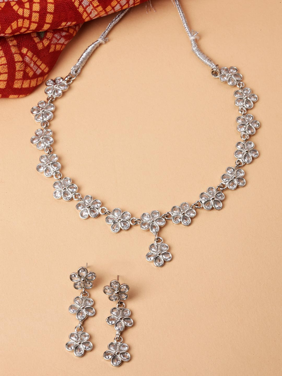 ZENEME Oxidised Silver Tone White Cz Studded Necklace With Earring Jewellery Set