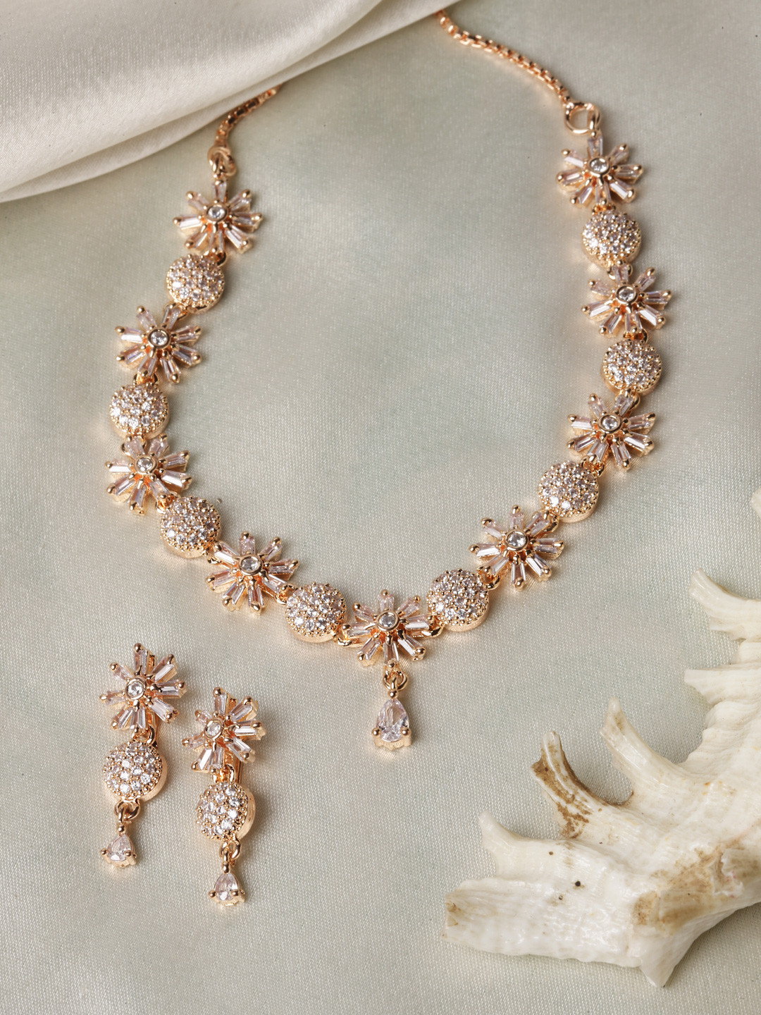 ZENEME Rose Gold-Plated American Diamond-Studded Floral Jewellery Set