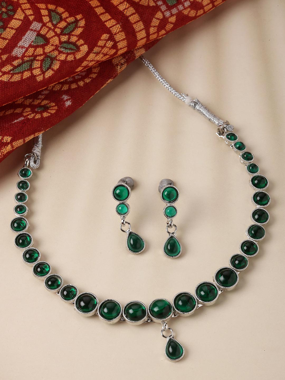 ZENEME Silver Plated Z Studded Oxidised  Necklace With Earring Jewellery Set