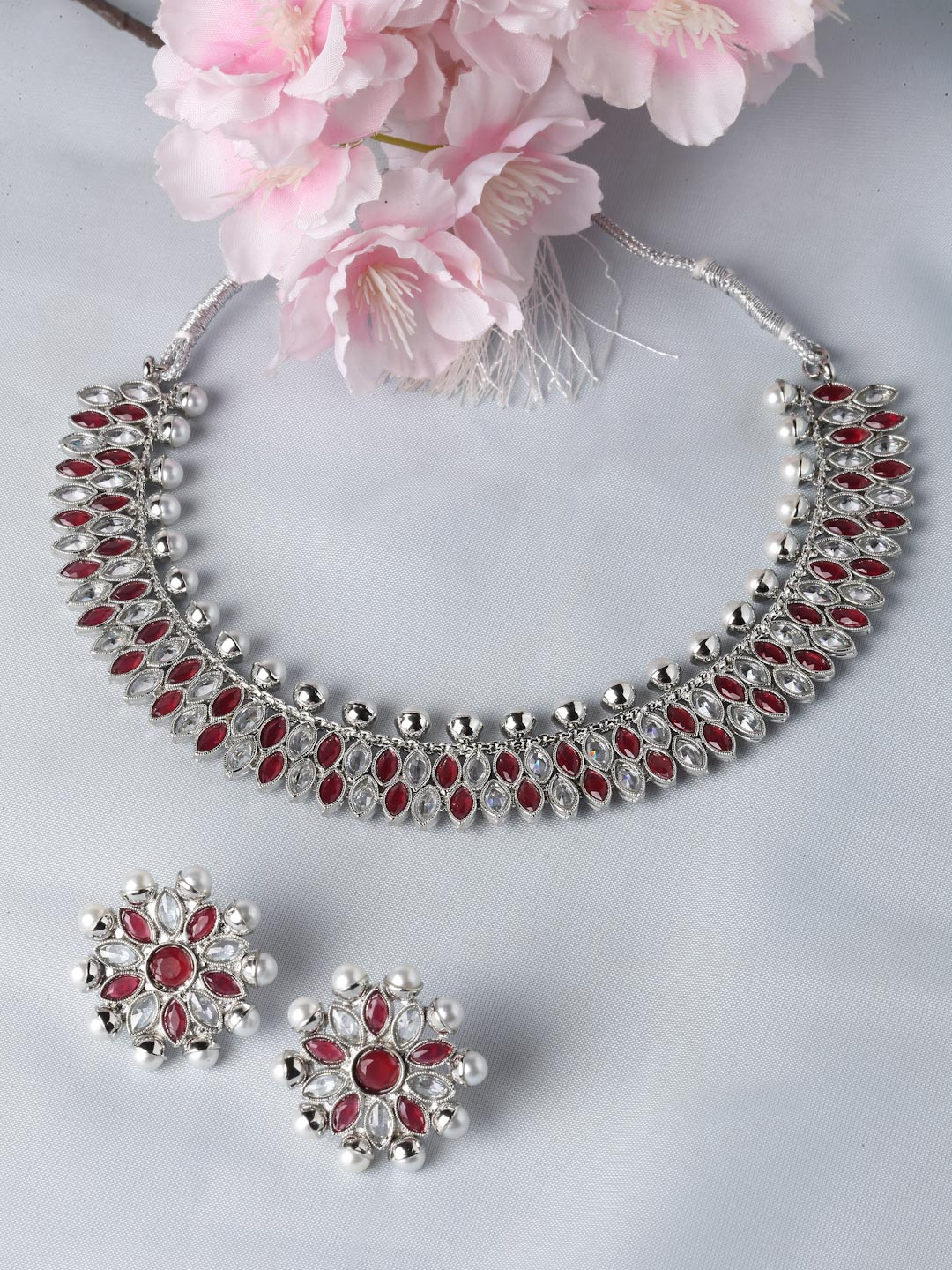 ZENEME Oxidised Silver Toned Red Cz & Pearl Studded Necklace Earrings Jewellery Set