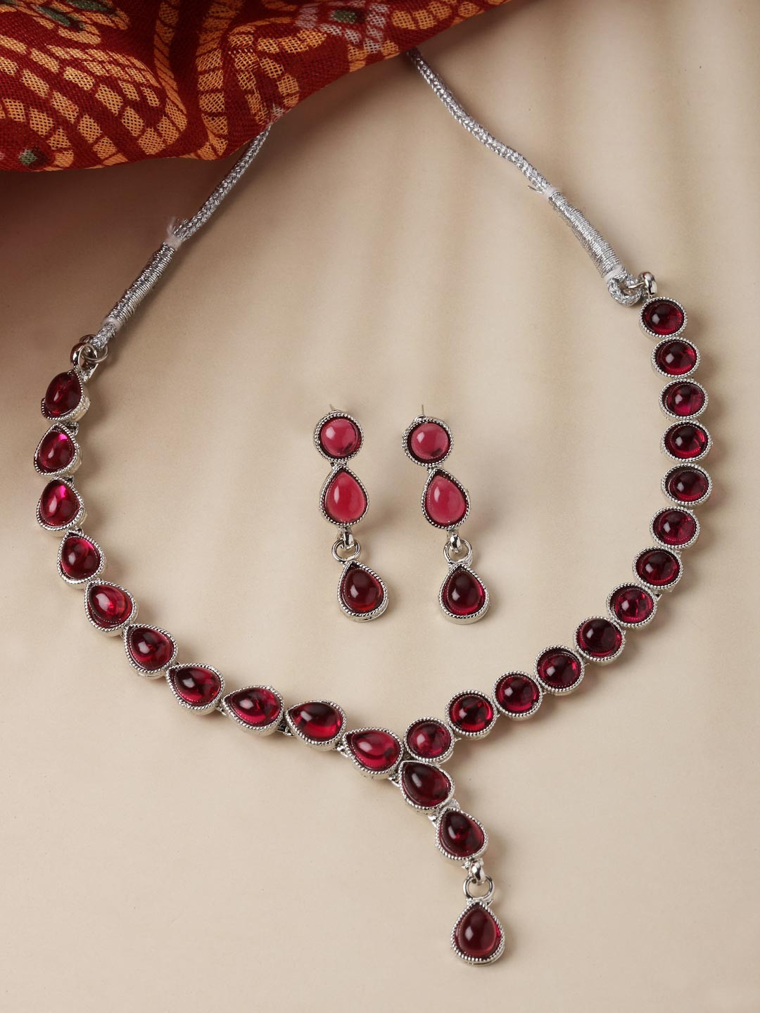 ZENEME Silver Plated CZ Studded Oxidised Necklace With Earring Jewellery Set