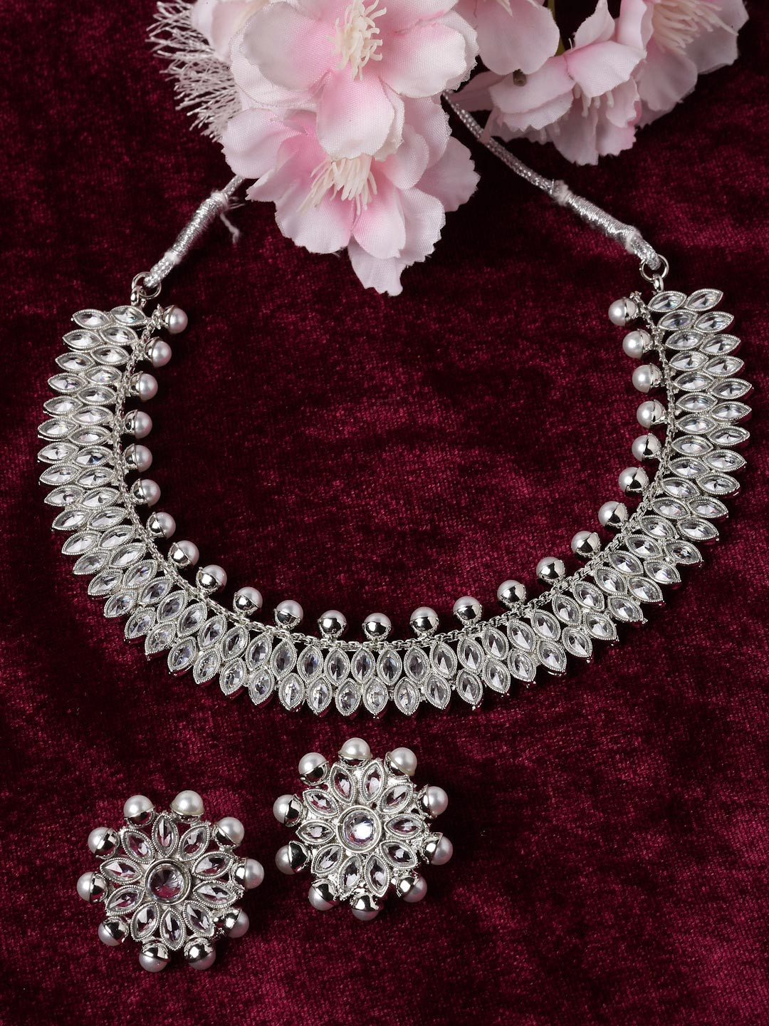 ZENEME Oxidised Silver Toned Pearl & Cubic Zirconia Studded Necklace Earrings Jewellery Set