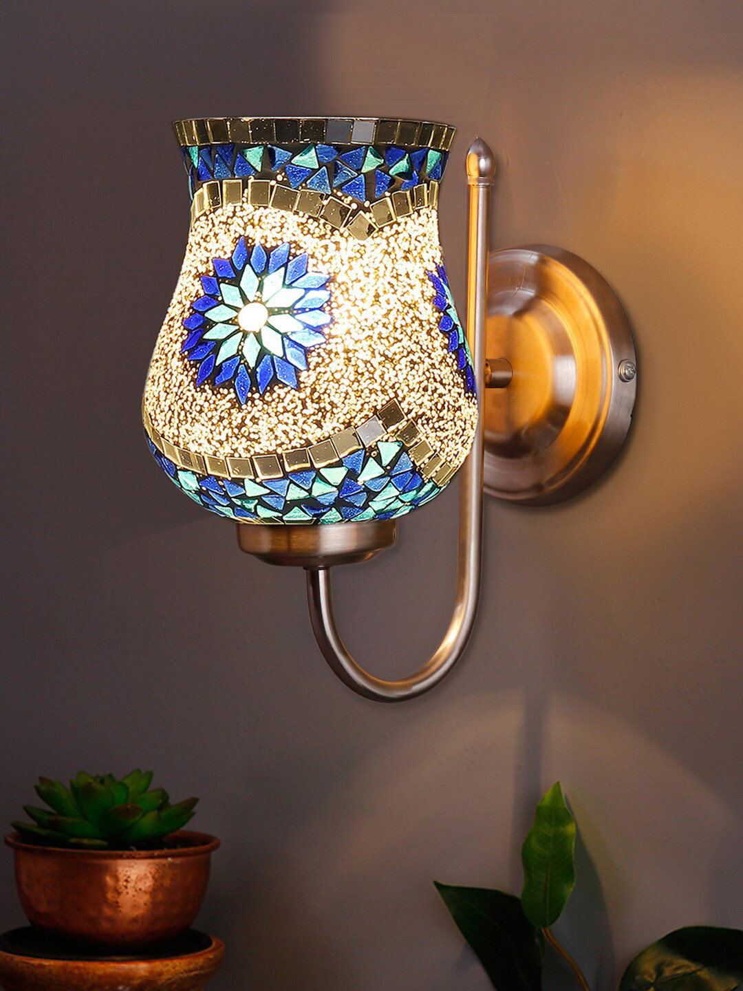 Devansh White & Blue Mosaic Design Glass Shade Wall Mounted Lamp With Steel Base
