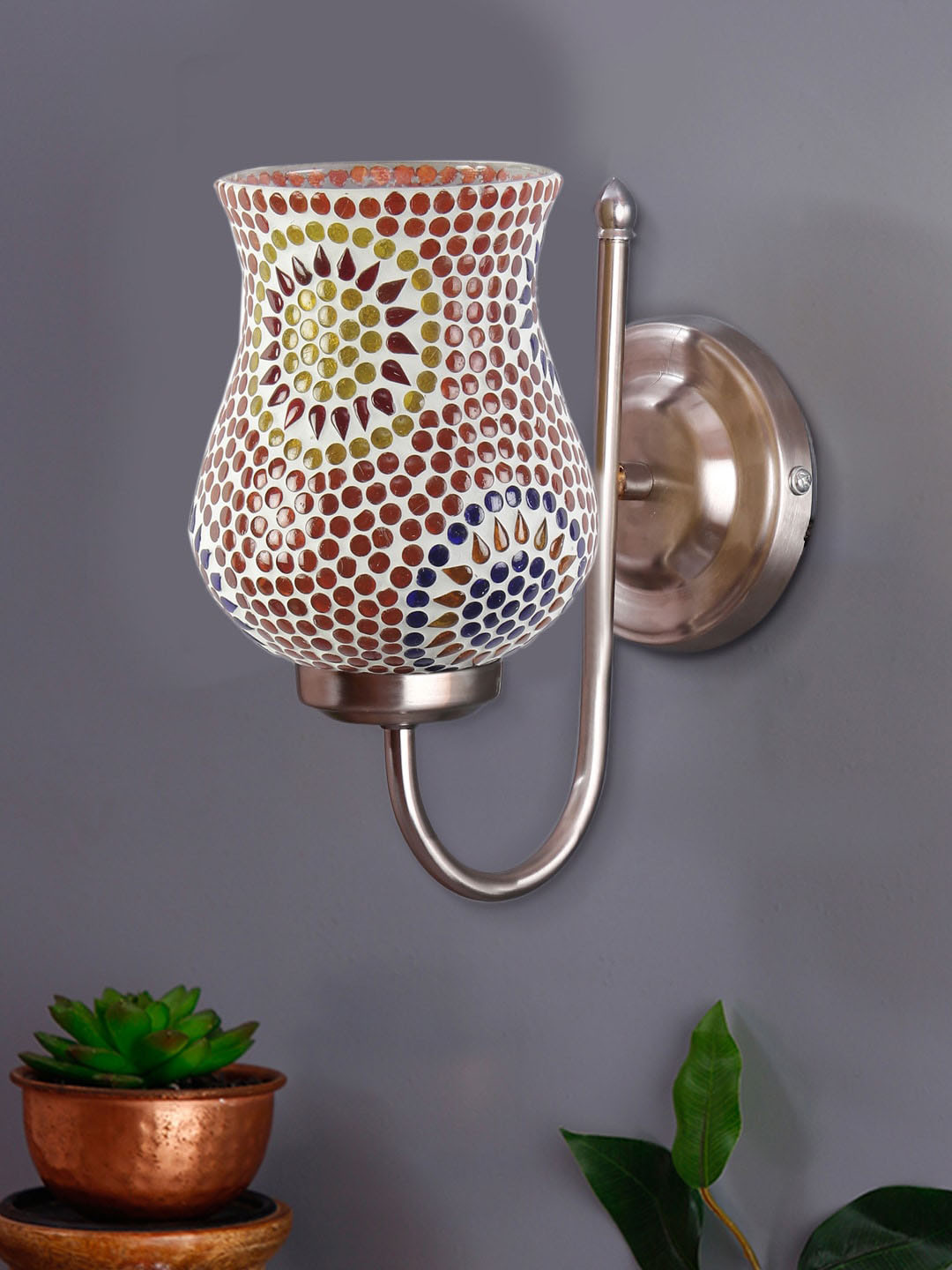 Devansh White & Red Mosaic Design Glass Shade Wall Mounted Lamp With Steel Base