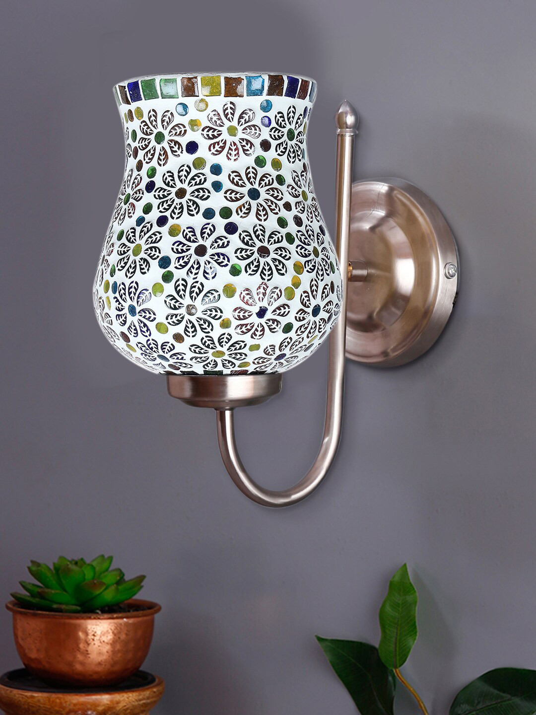Devansh White & Red Mosaic Design Glass Shade Wall Mounted Lamp With Steel Base