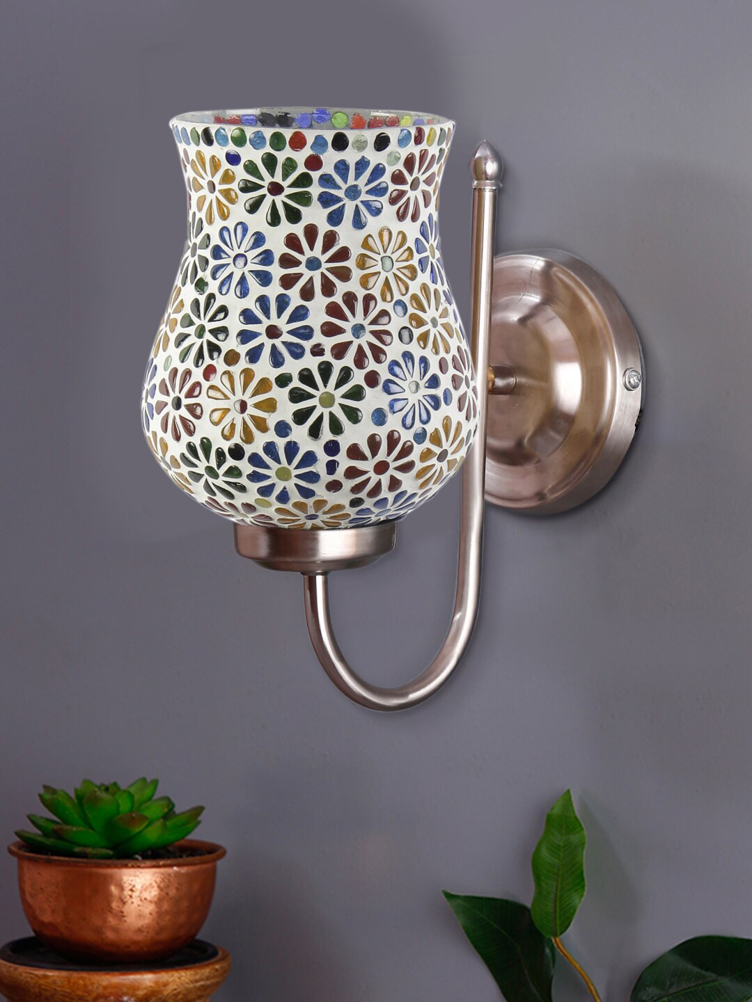 Devansh White & Blue Mosaic Design Glass Shade Wall Mounted Lamp With Steel Base