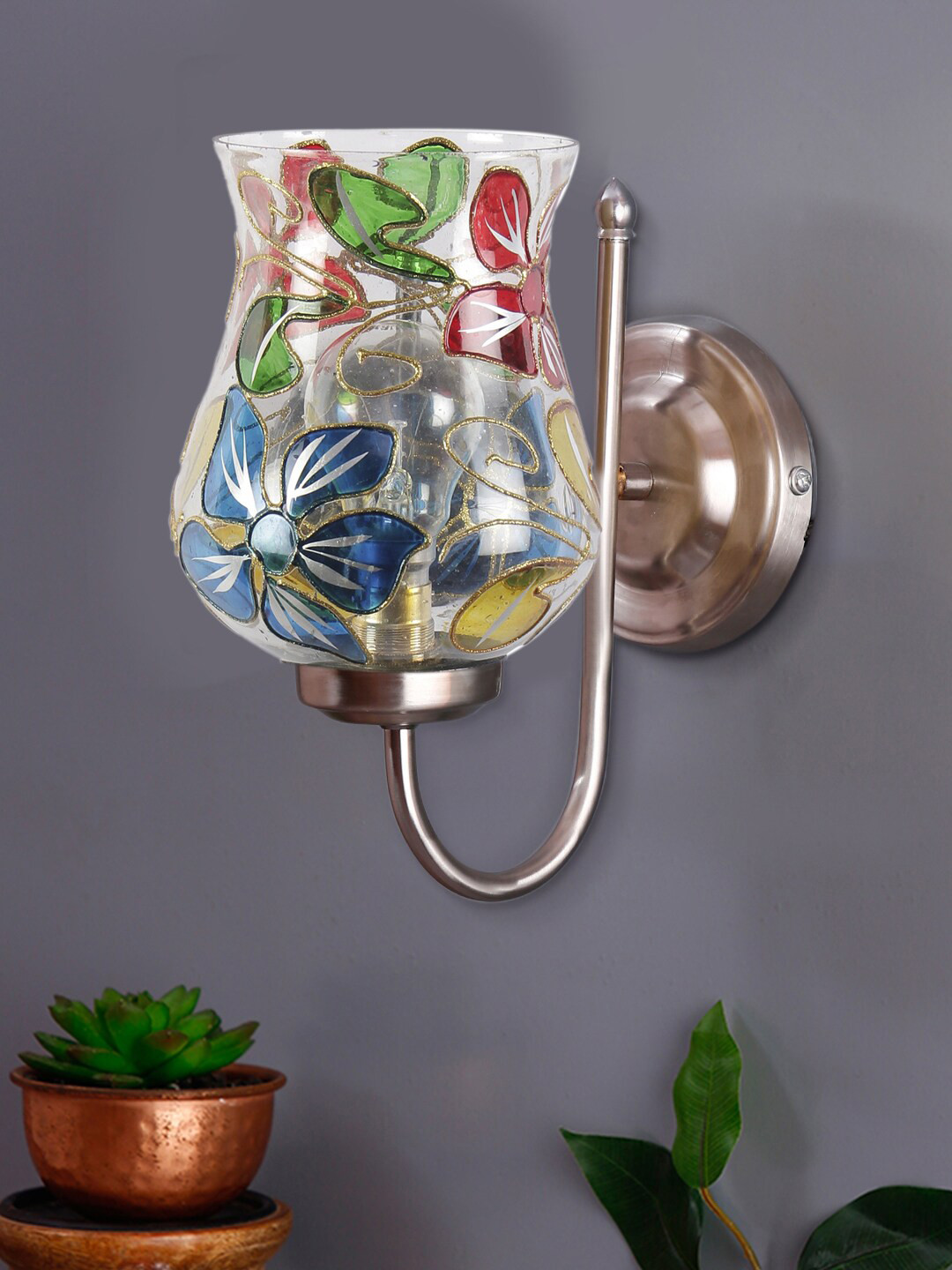 Devansh Green & Blue Floral Mosaic Glass Shade Wall Mounted Lamp With Steel Base