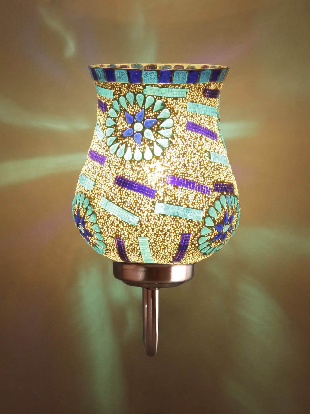 Devansh White & Blue Mosaic Design Glass Shade Wall Mounted Lamp With Steel Base