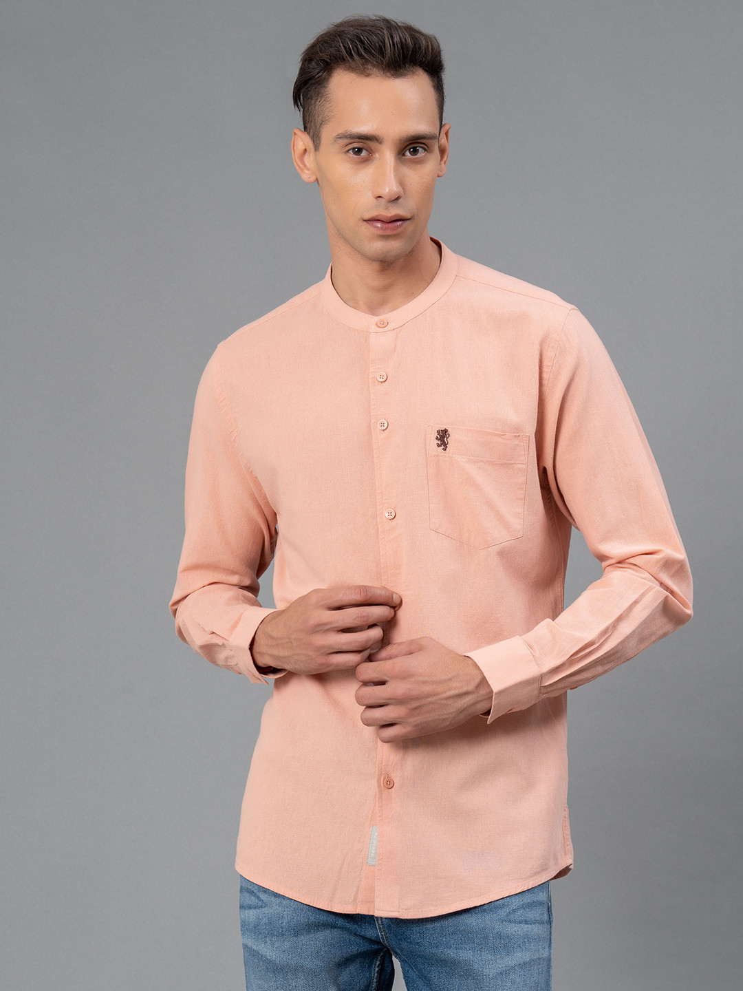 Red Tape Mandarin Collar Cotton Linen Casual Shirt