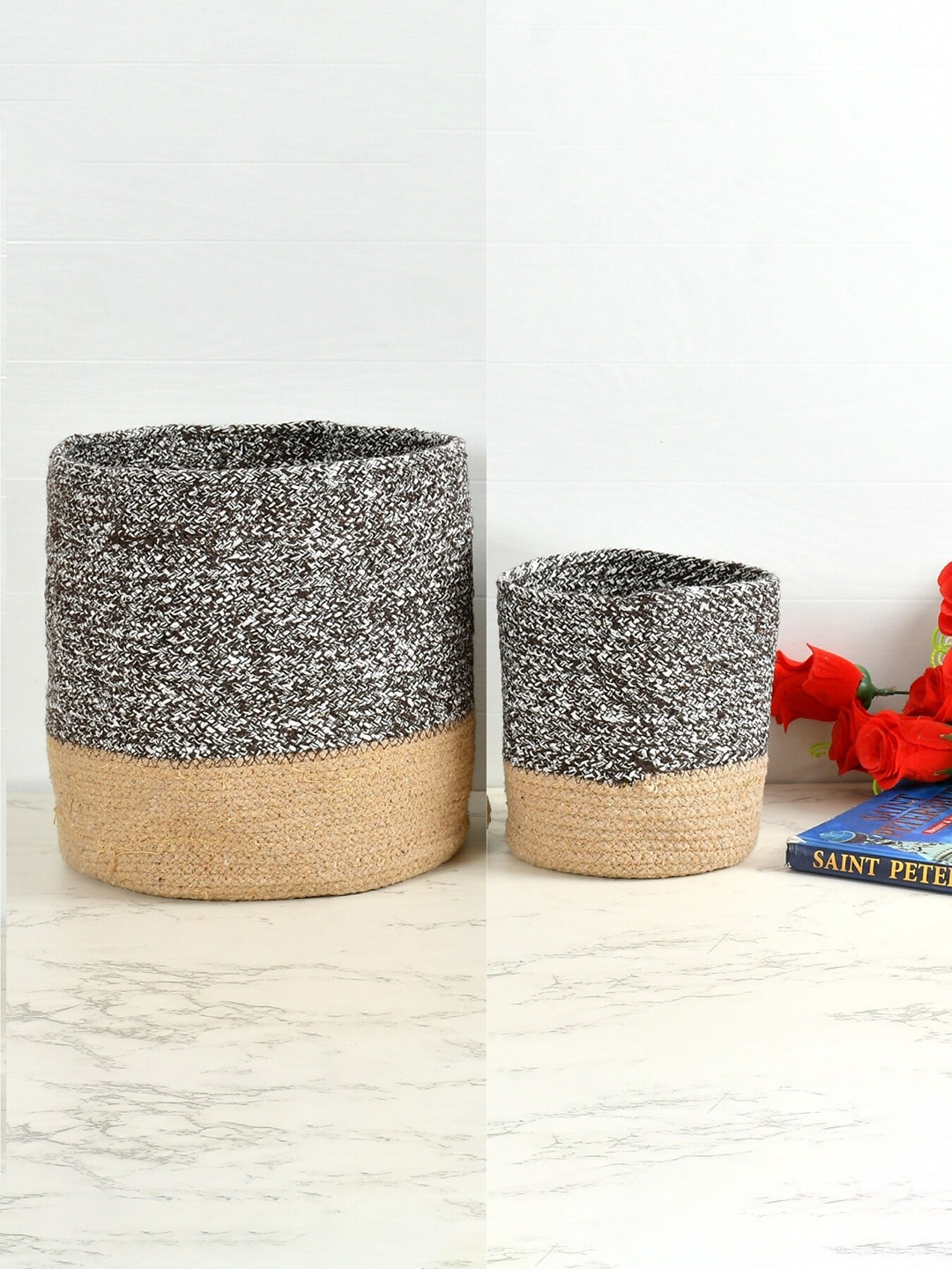 Homefab India Coffee-Brown & Brown 2 Pieces Braided Woven Cotton Planter Baskets