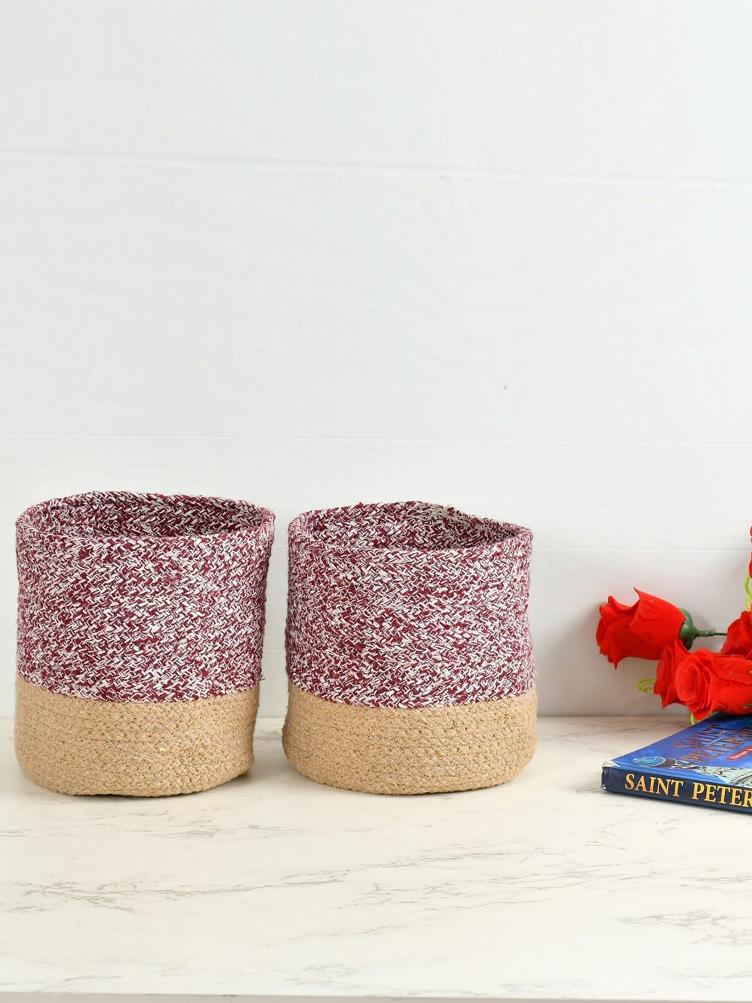 Homefab India Maroon & Beige 2 Pieces Braided Woven Cotton Planter Baskets