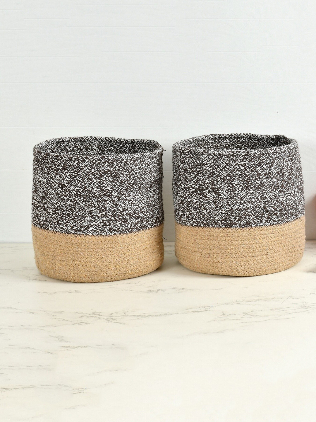Homefab India Coffee-Brown & Beige 2 Pieces Braided Woven Cotton Planter Baskets