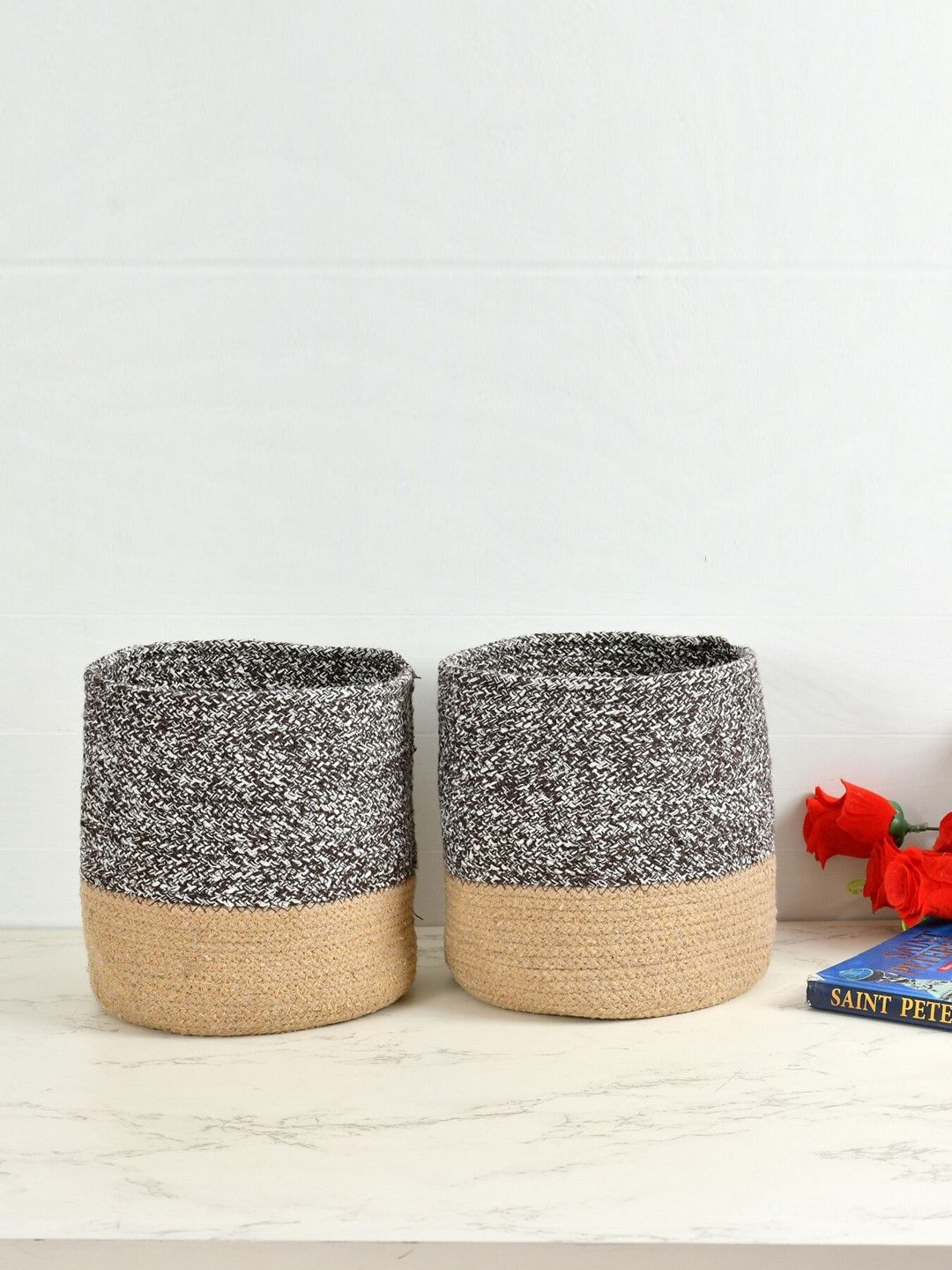 Homefab India Coffee-Brown & Beige 2 Pieces Braided Woven Design Cotton Planter Baskets