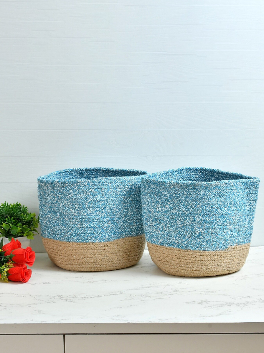 Homefab India Turquoise-Blue & Brown 2 Pieces Braided Woven Cotton Planter Baskets