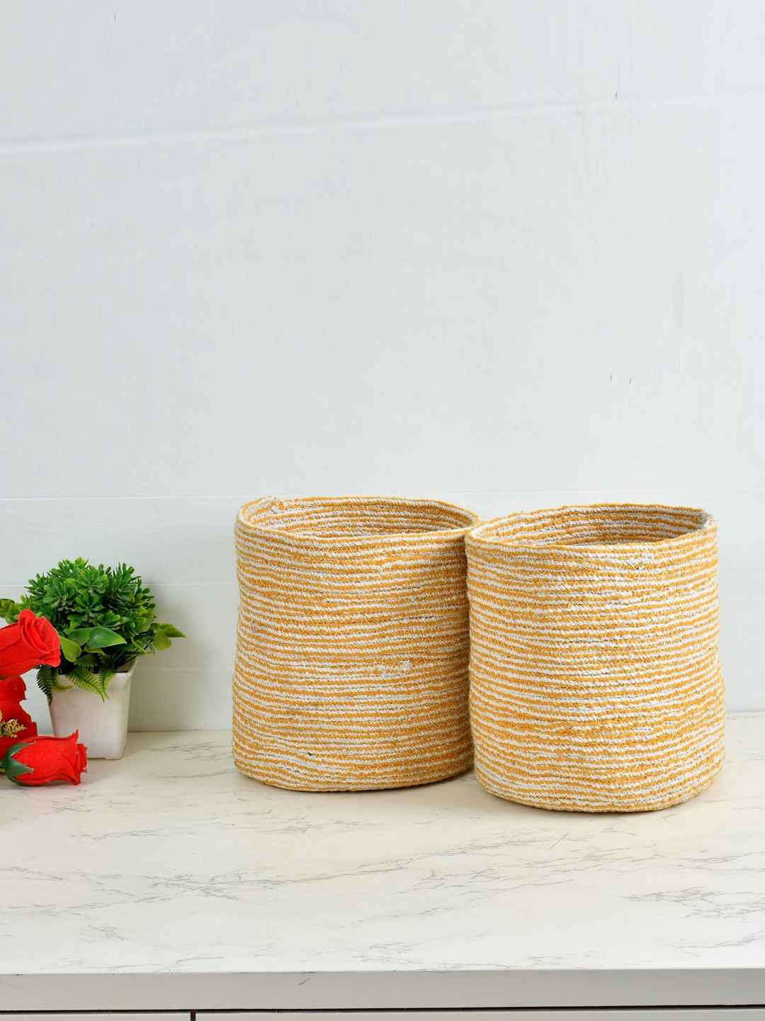 Homefab India Yellow & White 2 Pieces Woven Cotton Planters Baskets