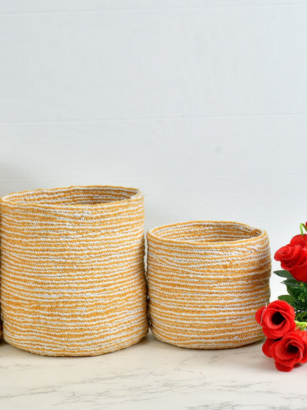Homefab India Yellow & White 2 Pieces Braided Woven Cotton Planter Baskets