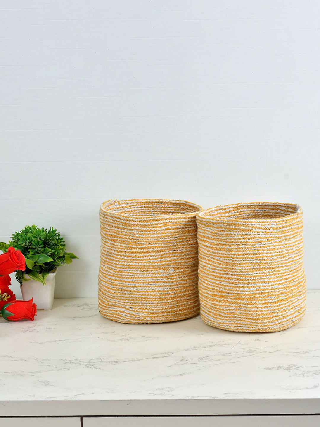 Homefab India Yellow & White 2 Pieces Woven Cotton Planters Baskets