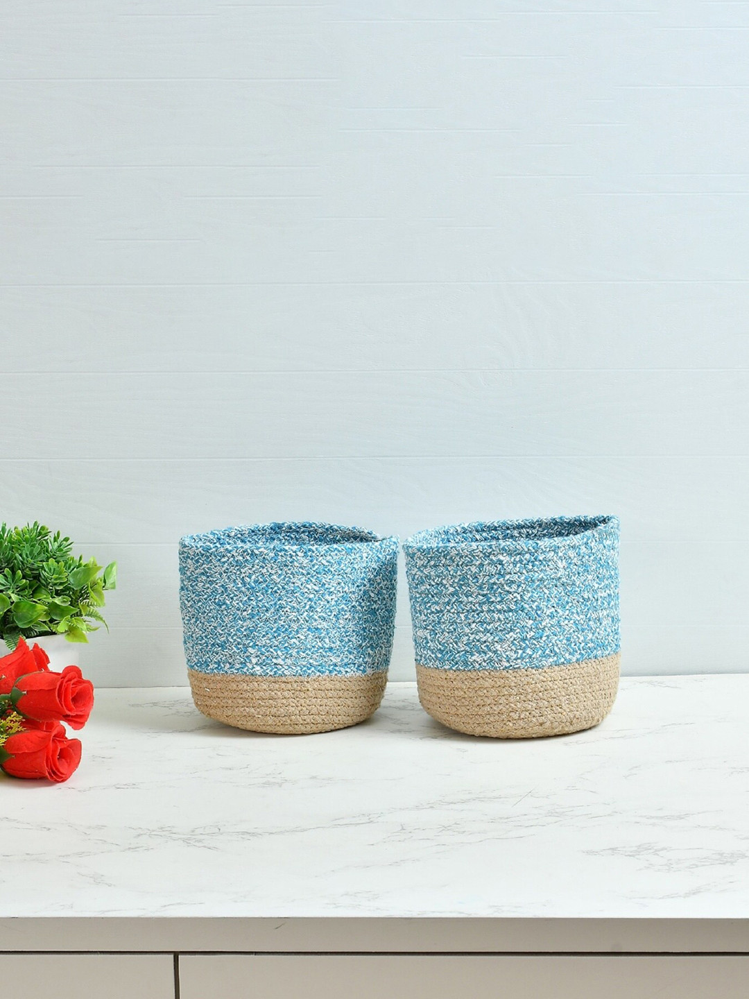 Homefab India Turquoise-Blue & Beige 2 Pieces Braided Woven Design Cotton Planter Baskets