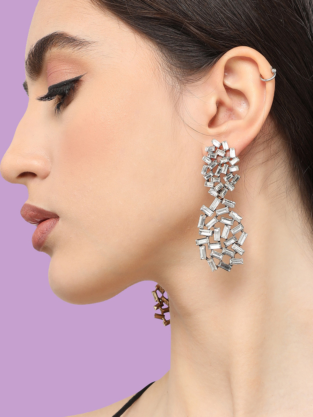 SOHI Silver-Plated Contemporary Stone Studded Drop Earrings