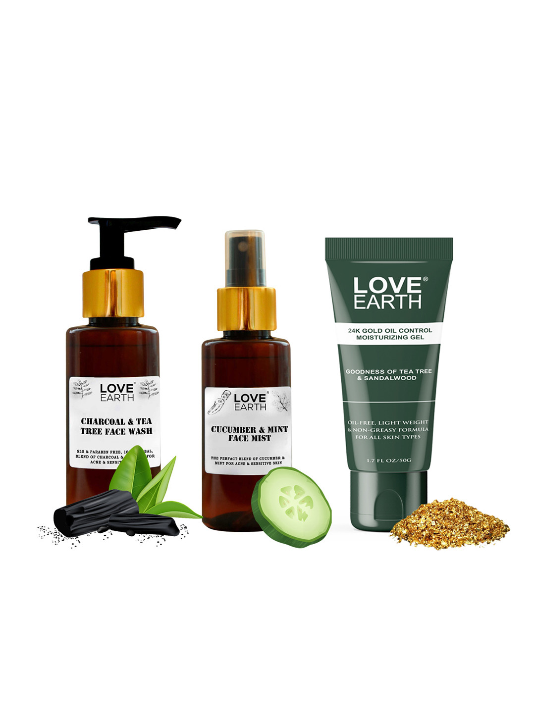 LOVE EARTH Set of Charcoal Face Wash + Mint Face Mist + Moisturizing Gel