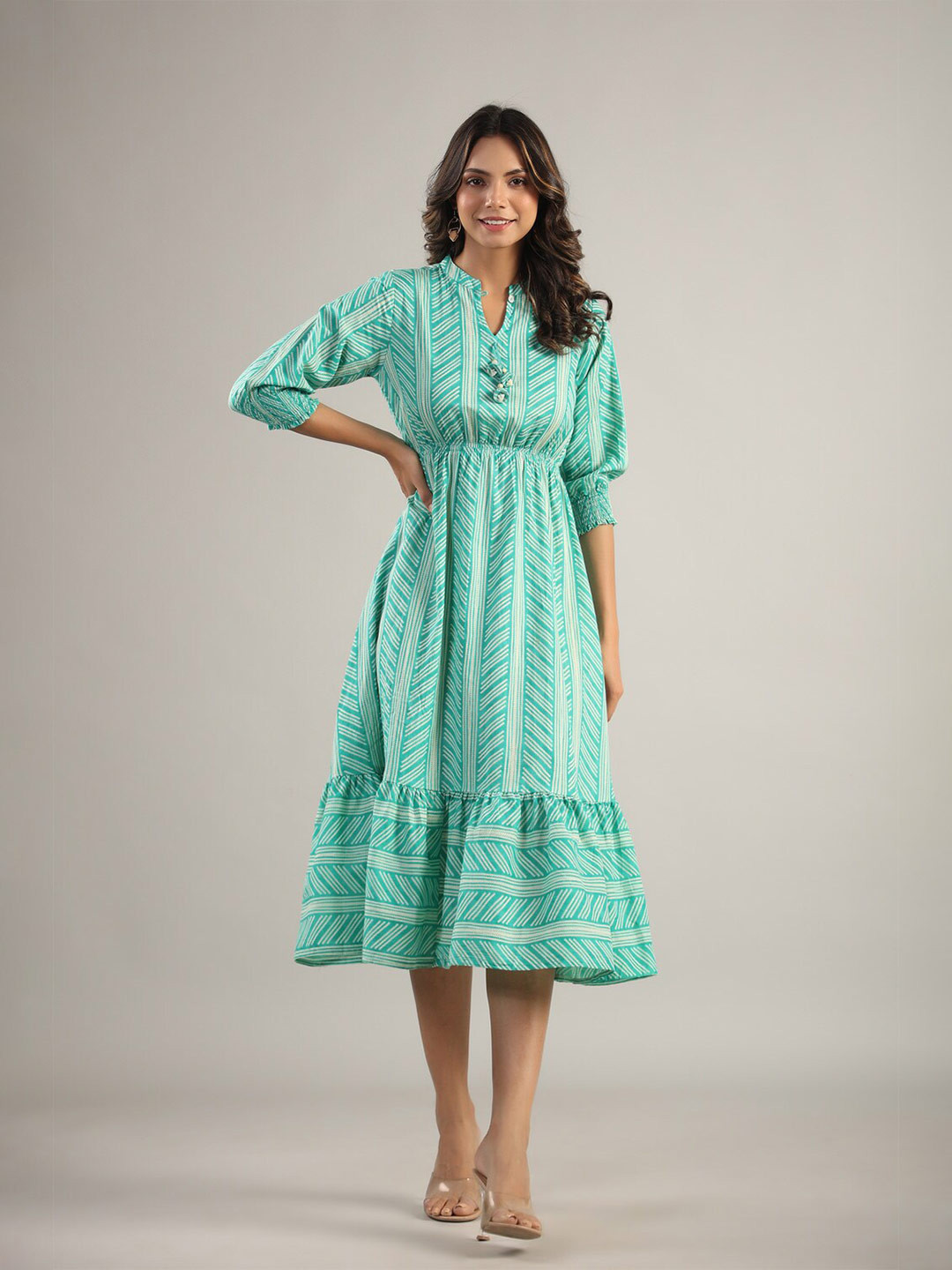 JISORA Striped Cuffed Sleeves Cotton Fit & Flare Midi Dress