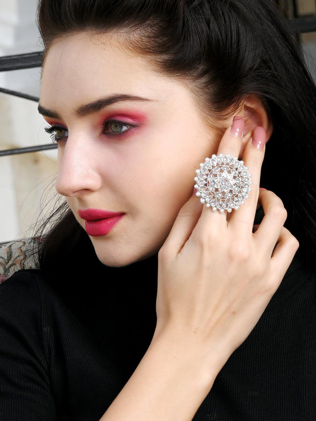 ODETTE Women Sliver-Plated Stones & Pearls Studded Floral Design Adjustable Finger Ring