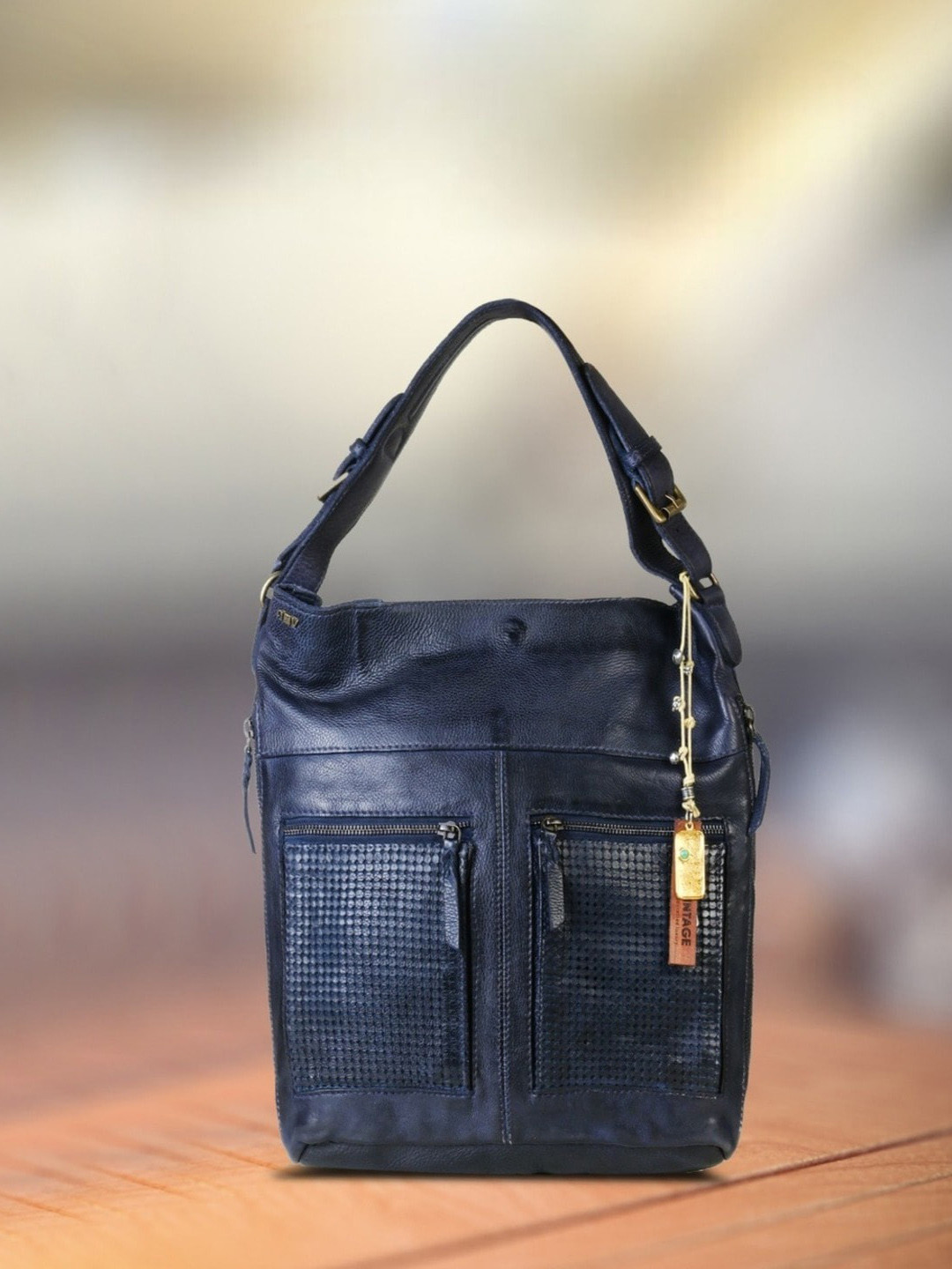 ART N VINTAGE Textured Leather Structured Handheld Bag with Cut Work