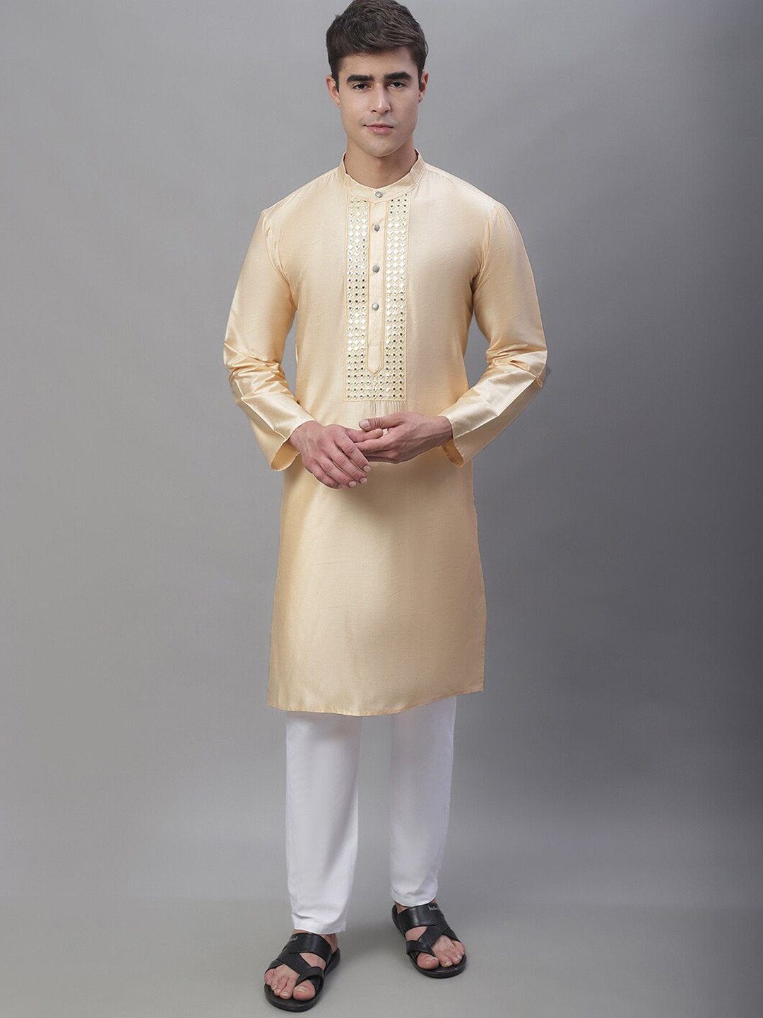 Anouk Cream-Coloured Band Collar Mirror Work Kurta