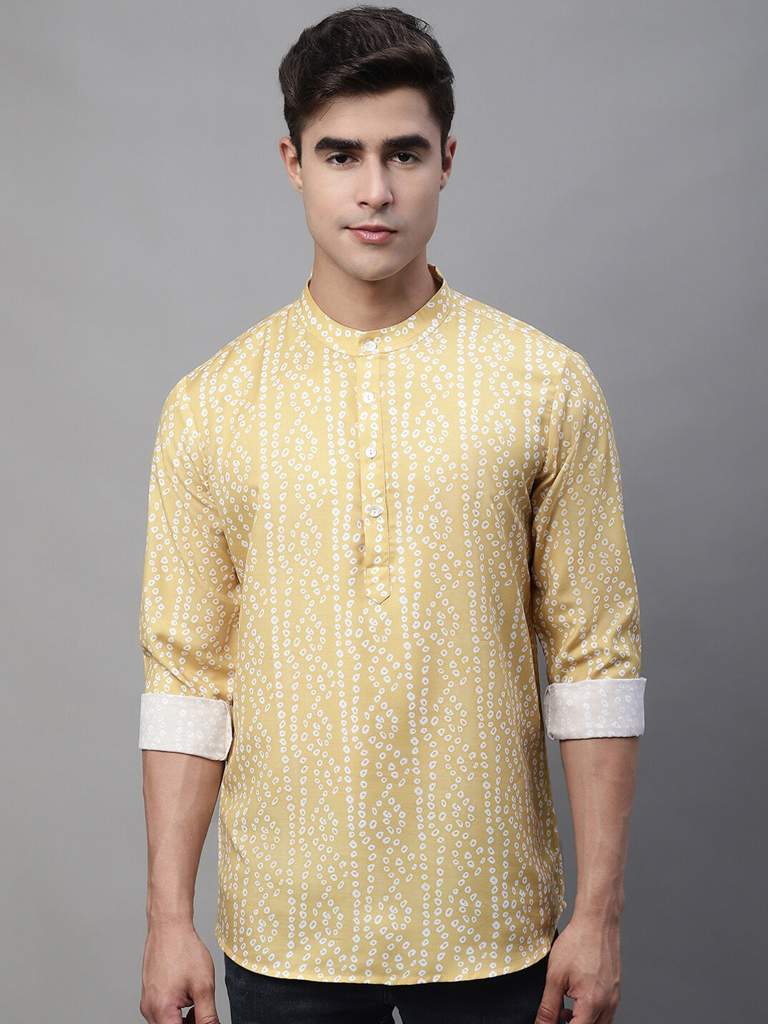Anouk Yellow & White Bandhani Printed Band Collar Short Kurta