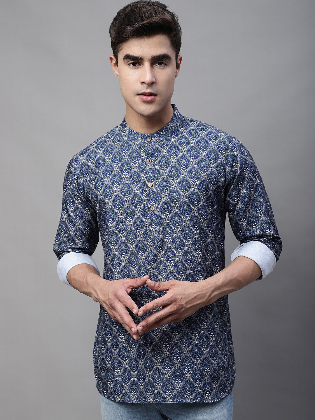 Anouk Blue & White Ethnic Motif Printed Band Collar Short Kurta