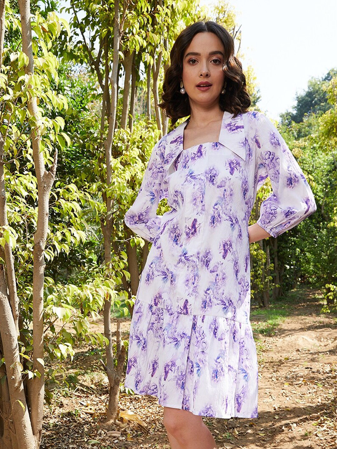 Athena Floral Print Flared Sleeve A-Line Dress
