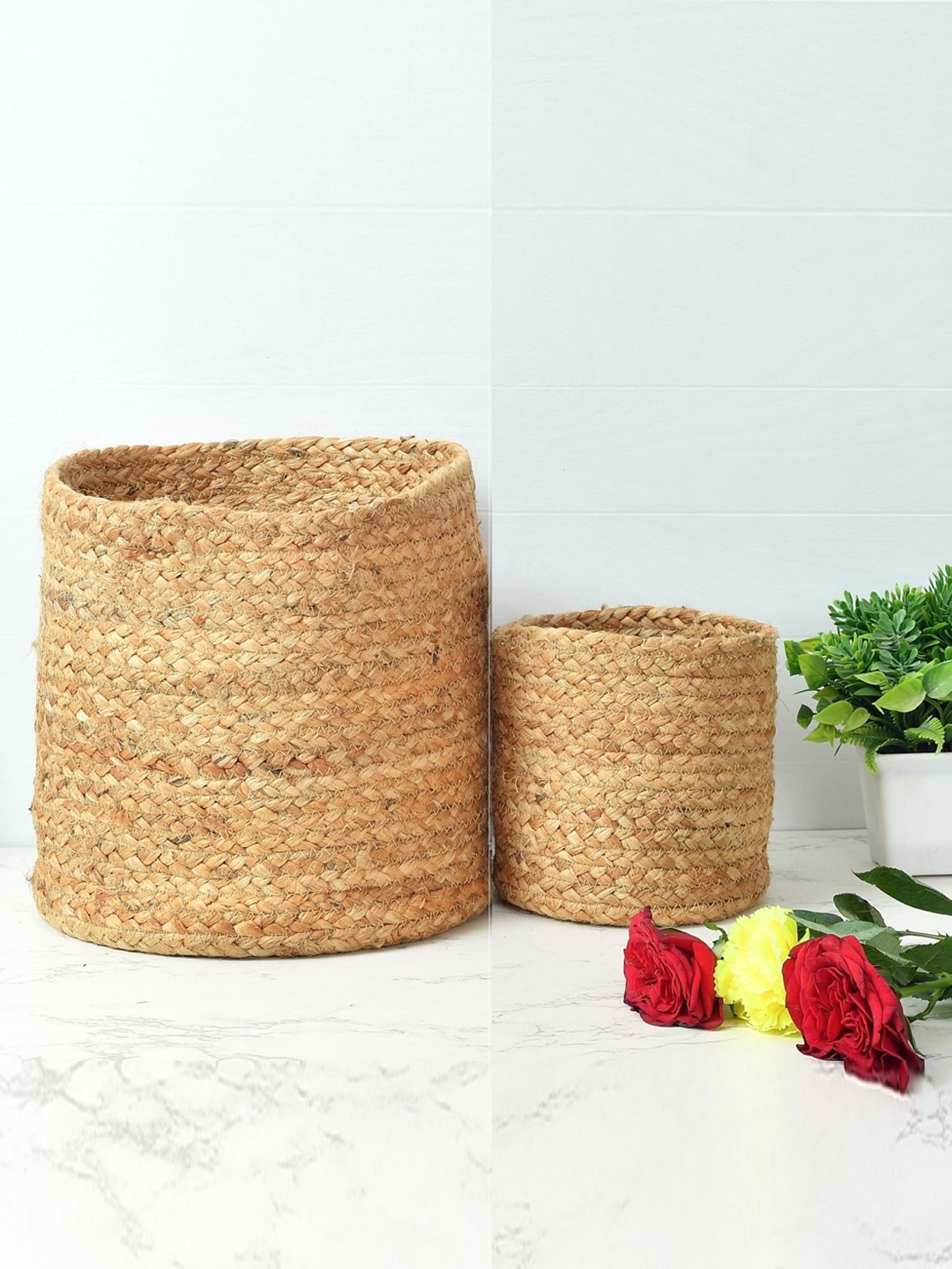 Homefab India Beige 2 Pieces Jute Braided Woven Cotton Planter Baskets