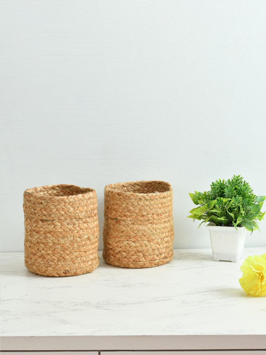 Homefab India Beige 2 Pieces Braided Woven Design Jute Planter Baskets