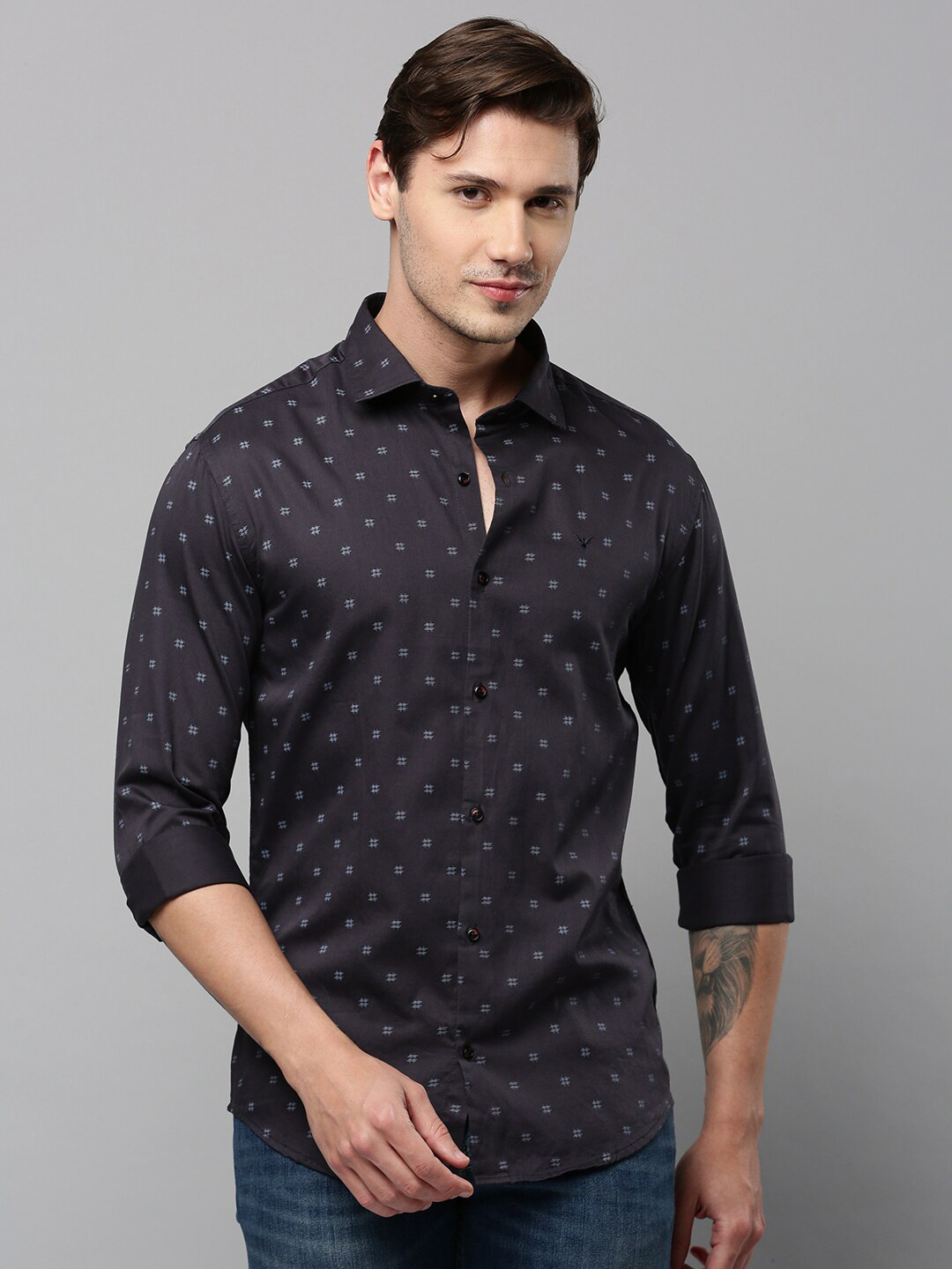 SHOWOFF Micro Ditsy Printed Spread Collar Comfort Cotton Casual Shirt