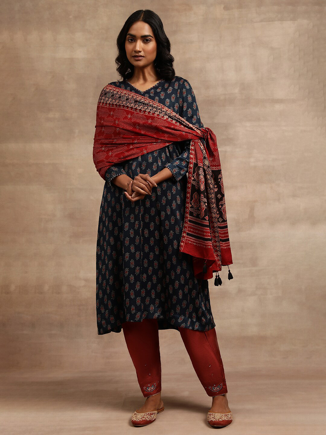 W Women Red & Black Ethnic Motifs Printed Block Print Dupatta