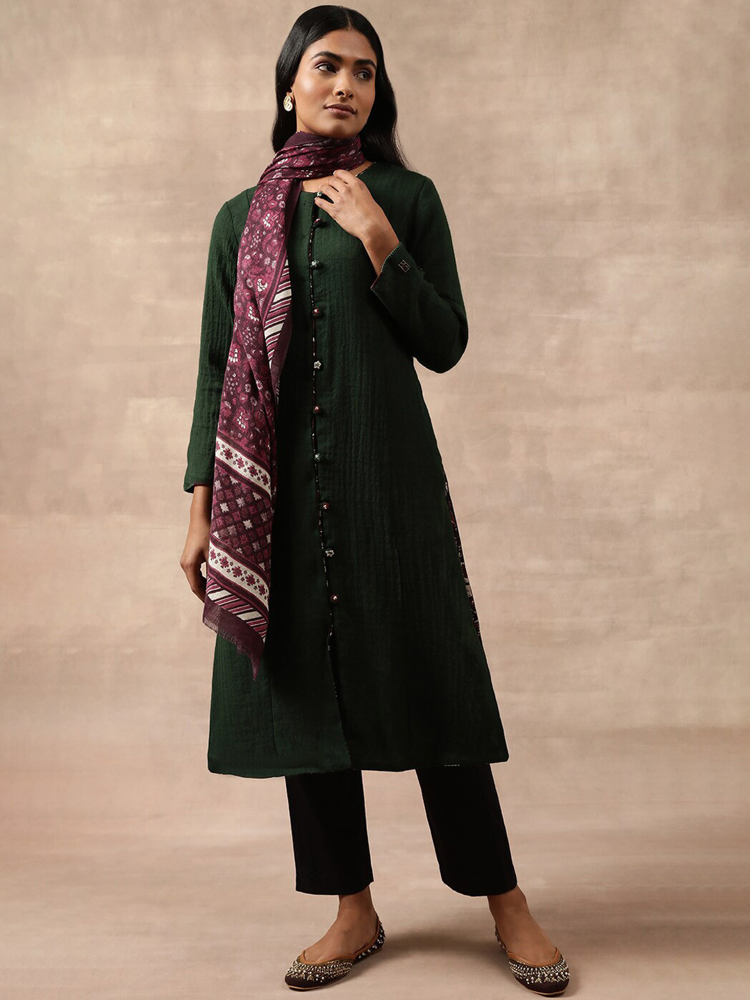 Folk Song Teal Green Round Neck Pure Wool Regular A-Line Kurta