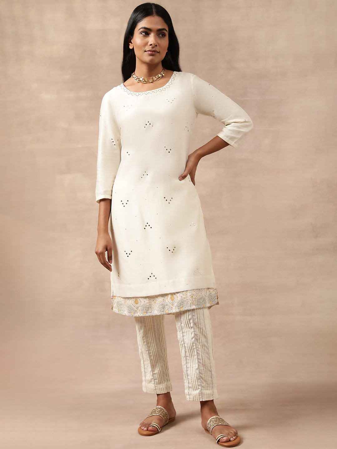 Folk Song White Ethnic Motifs Embellished Regular Kurta