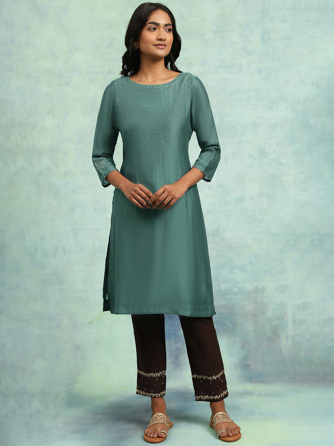 Folk Song Teal Greeen Embellished Yoke Design Regular Kurta