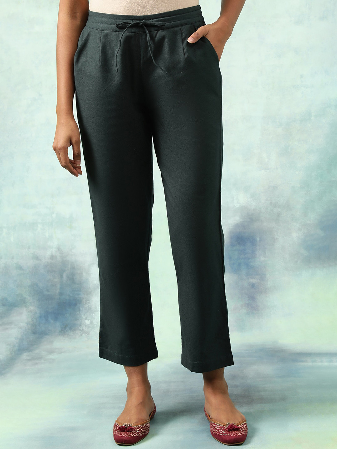 Folk Song  Folksong Collection Olive Green Slim Fit Mid-Rise Trousers