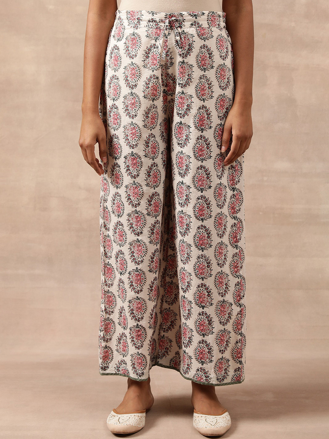Folk Song Women Cream The Folksong Collection Flared Ethnic Motifs Printed Parallel Trousers
