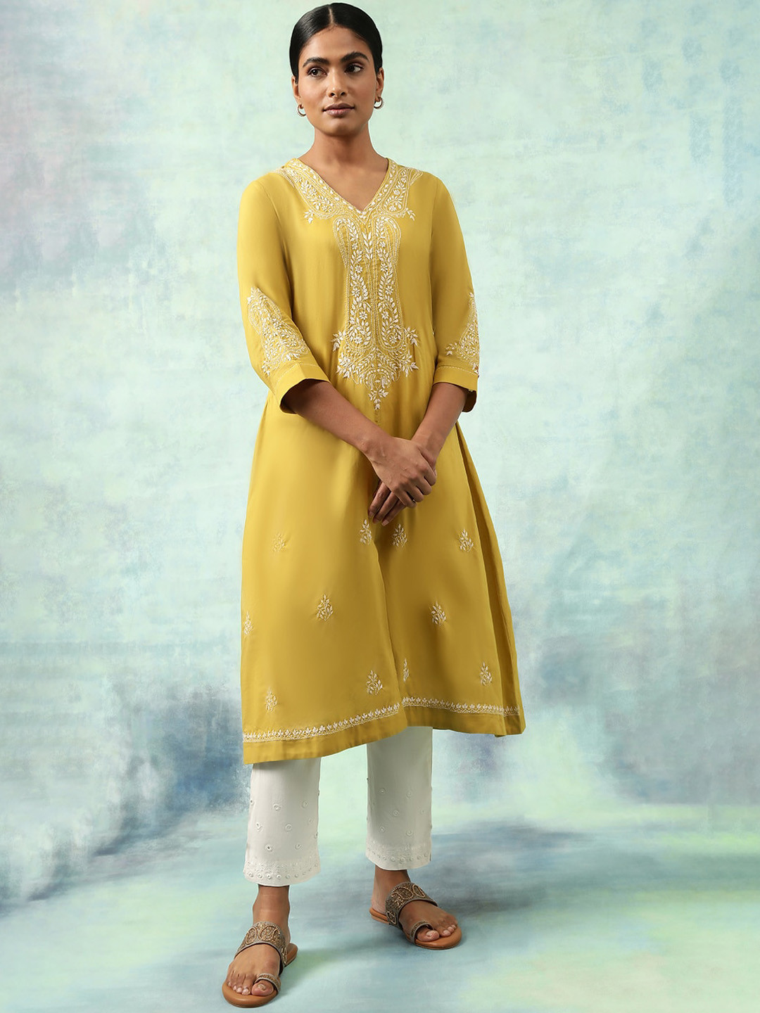 Folk Song  Folksong Collection Thread Work Embroidered Yoke Design Pure Cotton A-Line Kurta