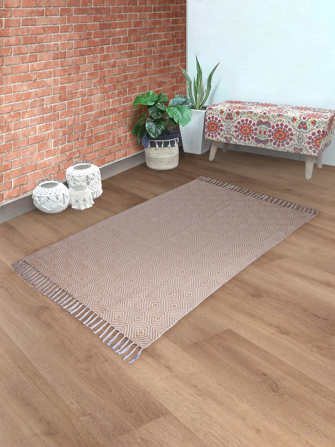 eyda Beige Geometric Patterned Cotton Rug