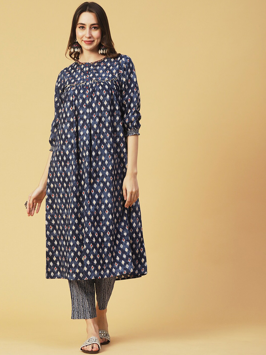 FASHOR Navy Blue Ethnic Motifs Printed Sequinned Pure Cotton Kurta with Trousers